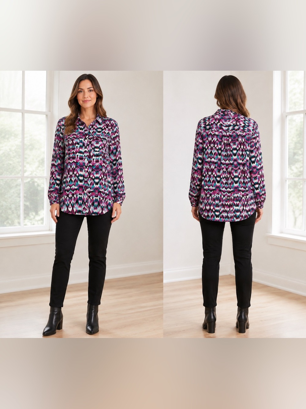 Ruby Rd. Multicolor Printed Button-Down Ikat Tunic Sheer Blouse/Layering/Size 16